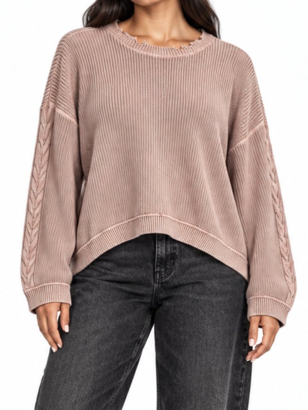 Pistola Dusty Rose Ribbed Knit Cable Sleeve Distressed Crewneck Sweater Large